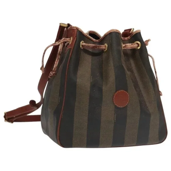 FENDI Pecan Canvas Shoulder Bag Brown Black Gold Auth 102701